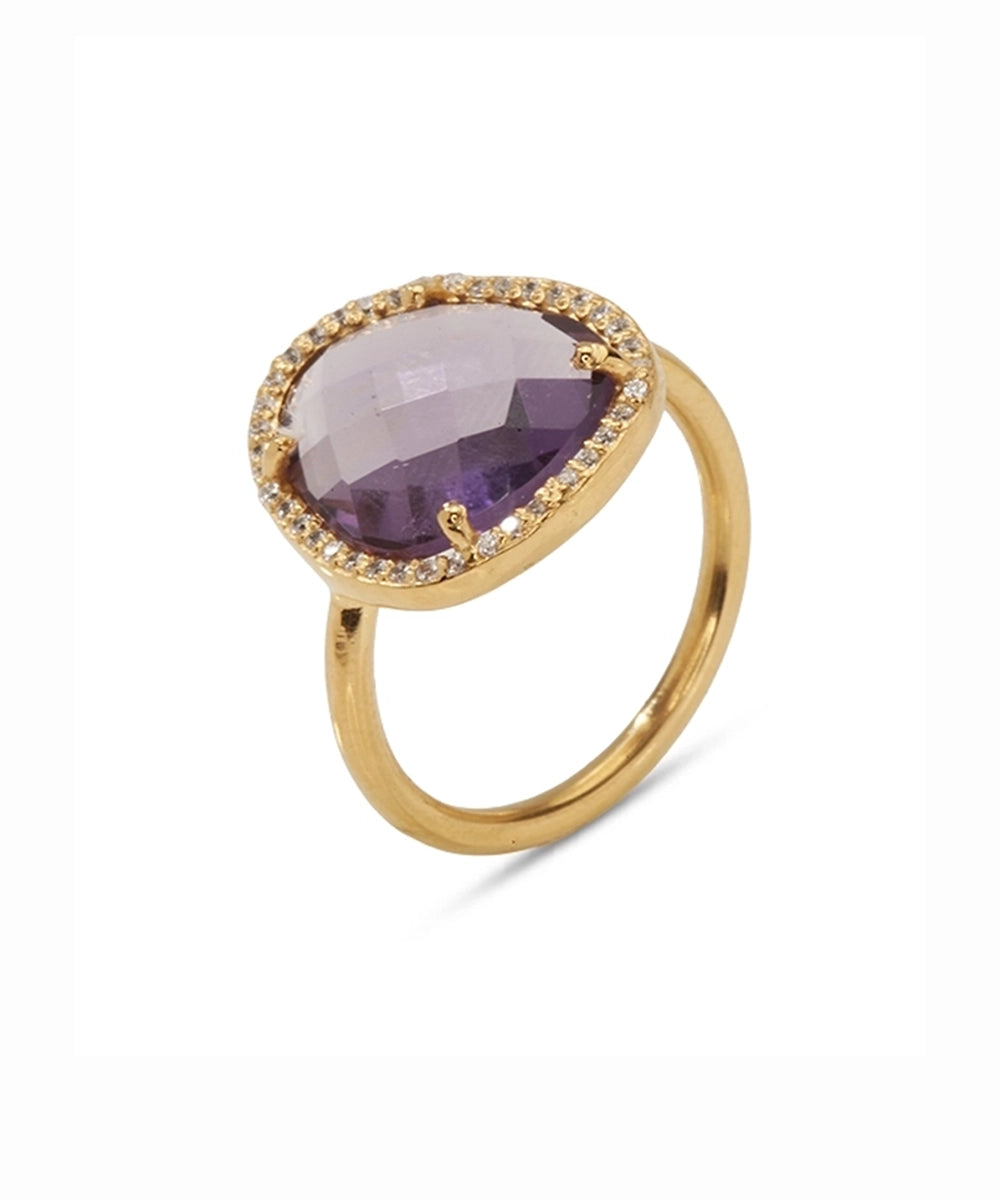 Silver Gold Plated Teardrop Amethyst and CZ Halo Ring