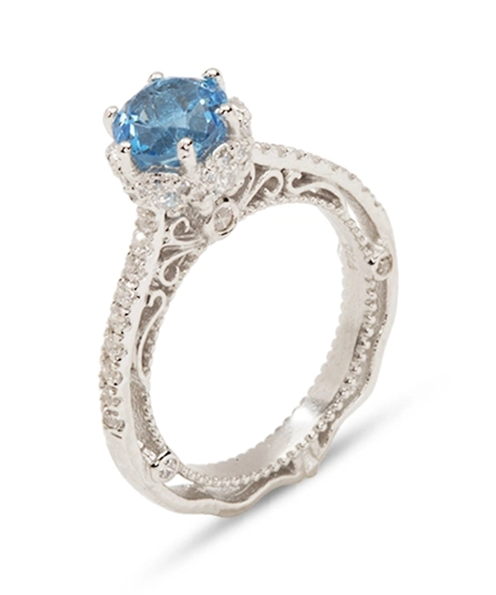 Silver Ornate Blue Topaz Solitaire Ring