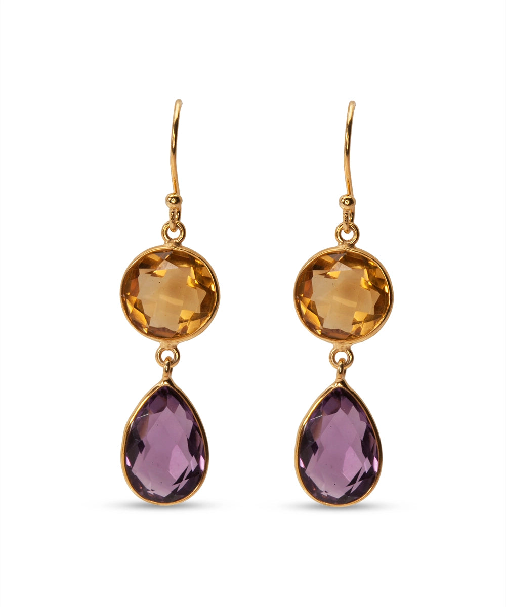 Silver Gold Plated Amethyst and Citrine Drop Earrings