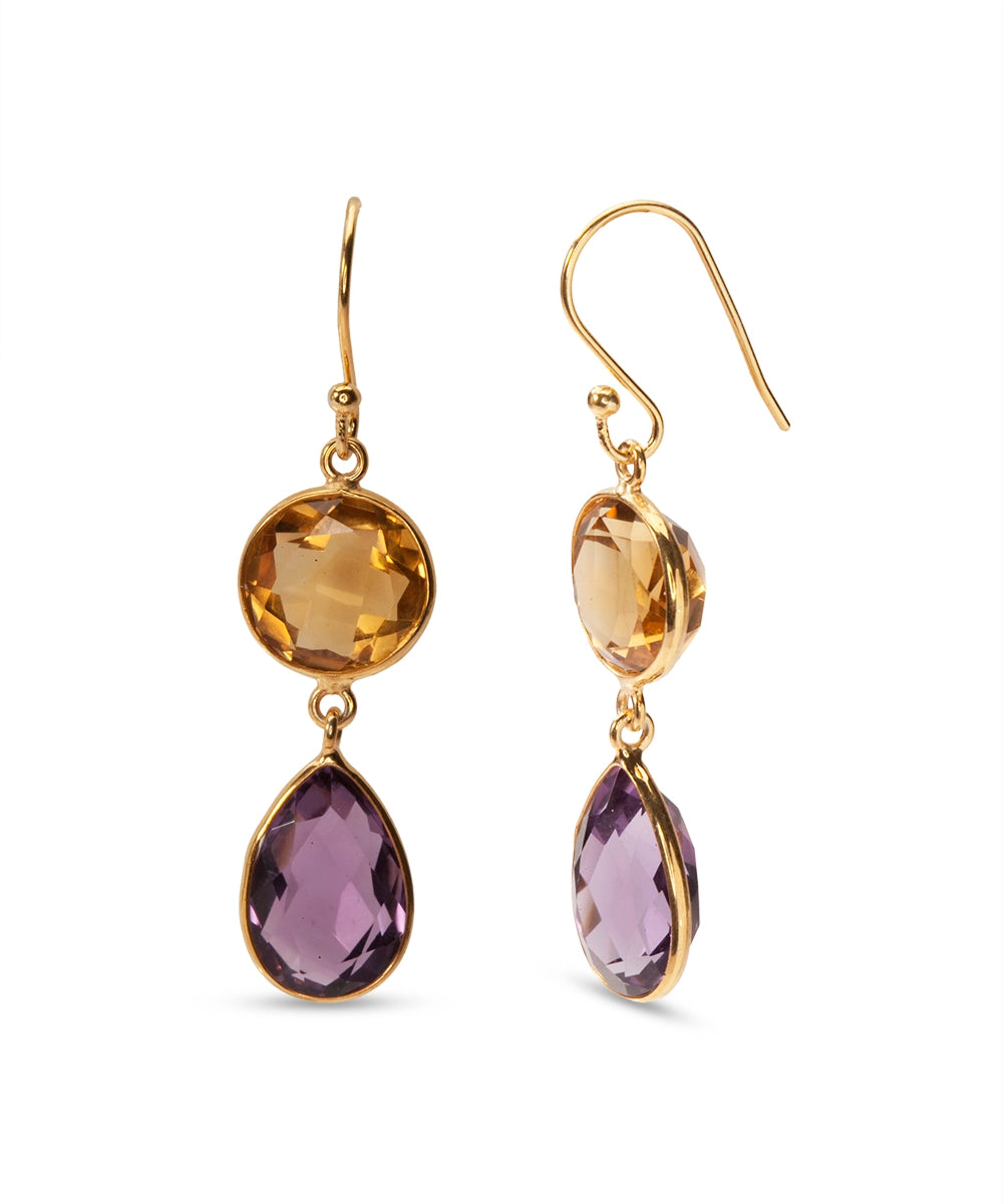 Silver Gold Plated Amethyst and Citrine Drop Earrings