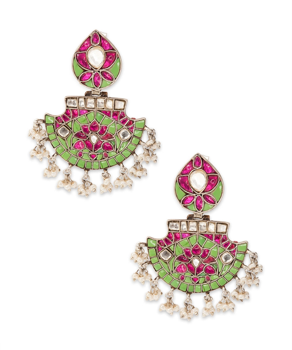 Silver Pink And Mint Fan Shaped Earrings