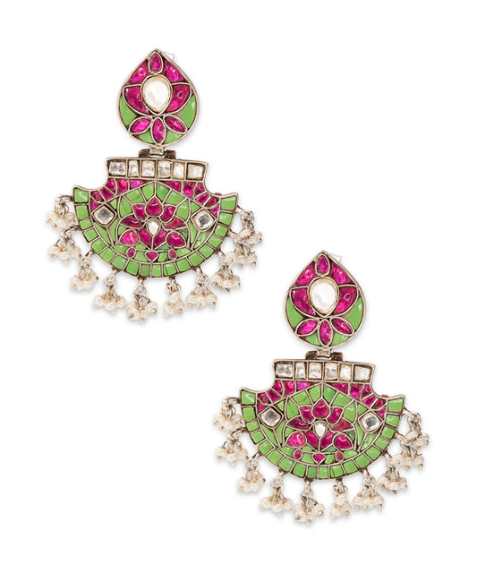 Silver Pink And Mint Fan Shaped Earrings