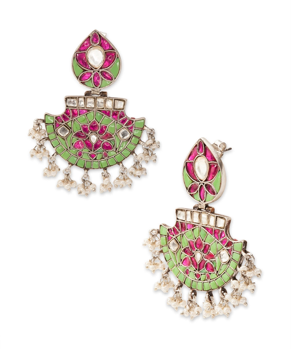 Silver Pink And Mint Fan Shaped Earrings