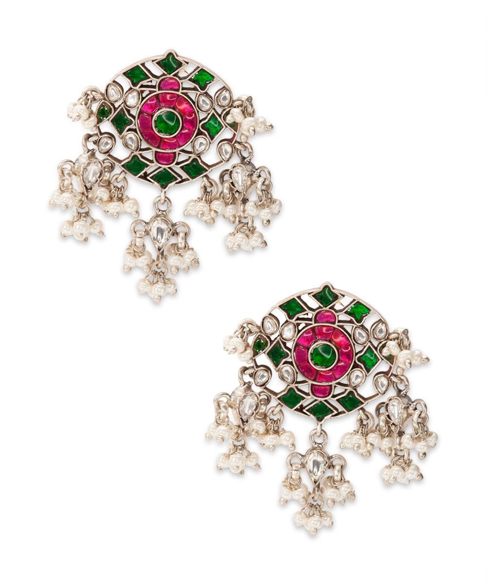Silver Vibrant Pink & Green Kundan Dangler Earrings