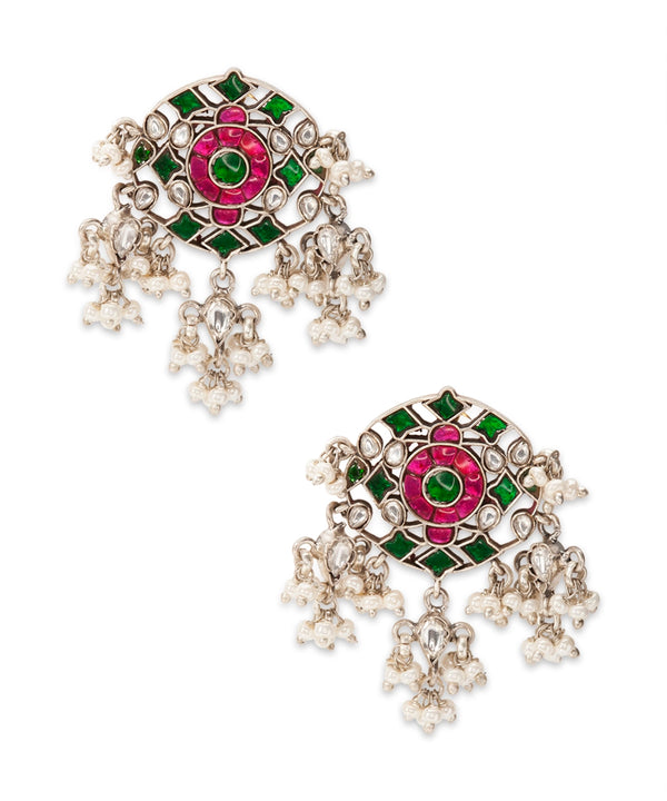 Silver Vibrant Pink & Green Kundan Dangler Earrings
