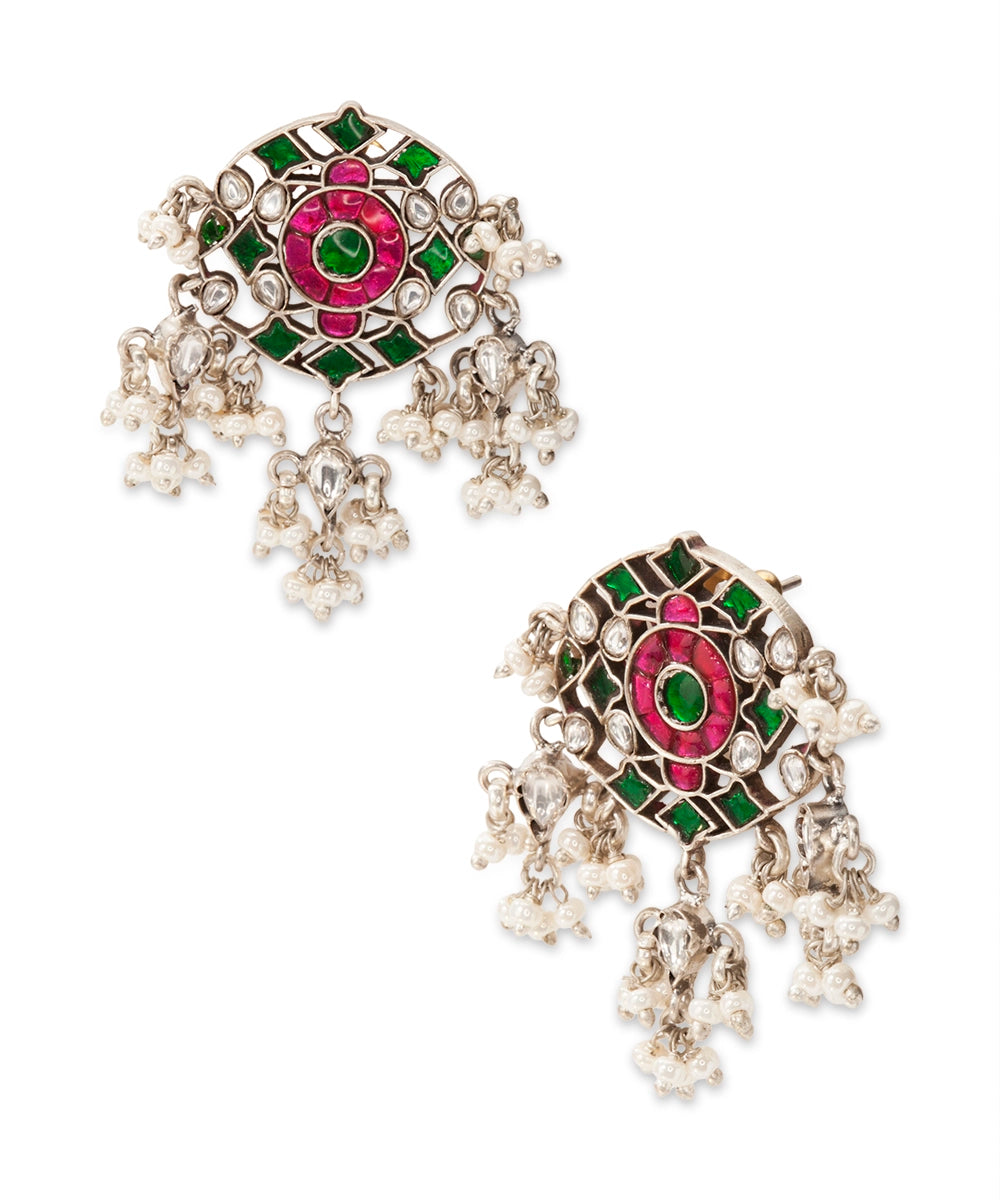Silver Vibrant Pink & Green Kundan Dangler Earrings