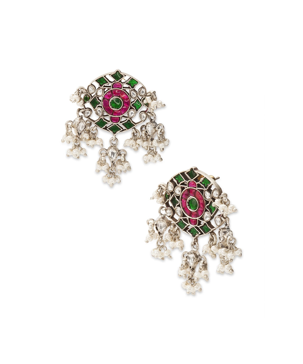 Silver Vibrant Pink & Green Kundan Dangler Earrings