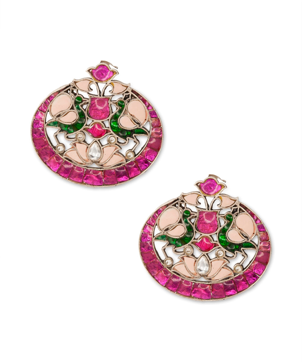 Silver Peacock and Floral kundan Earrings