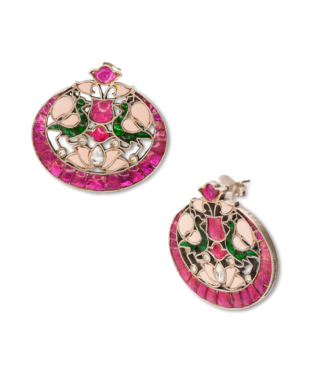 Silver Peacock and Floral kundan Earrings
