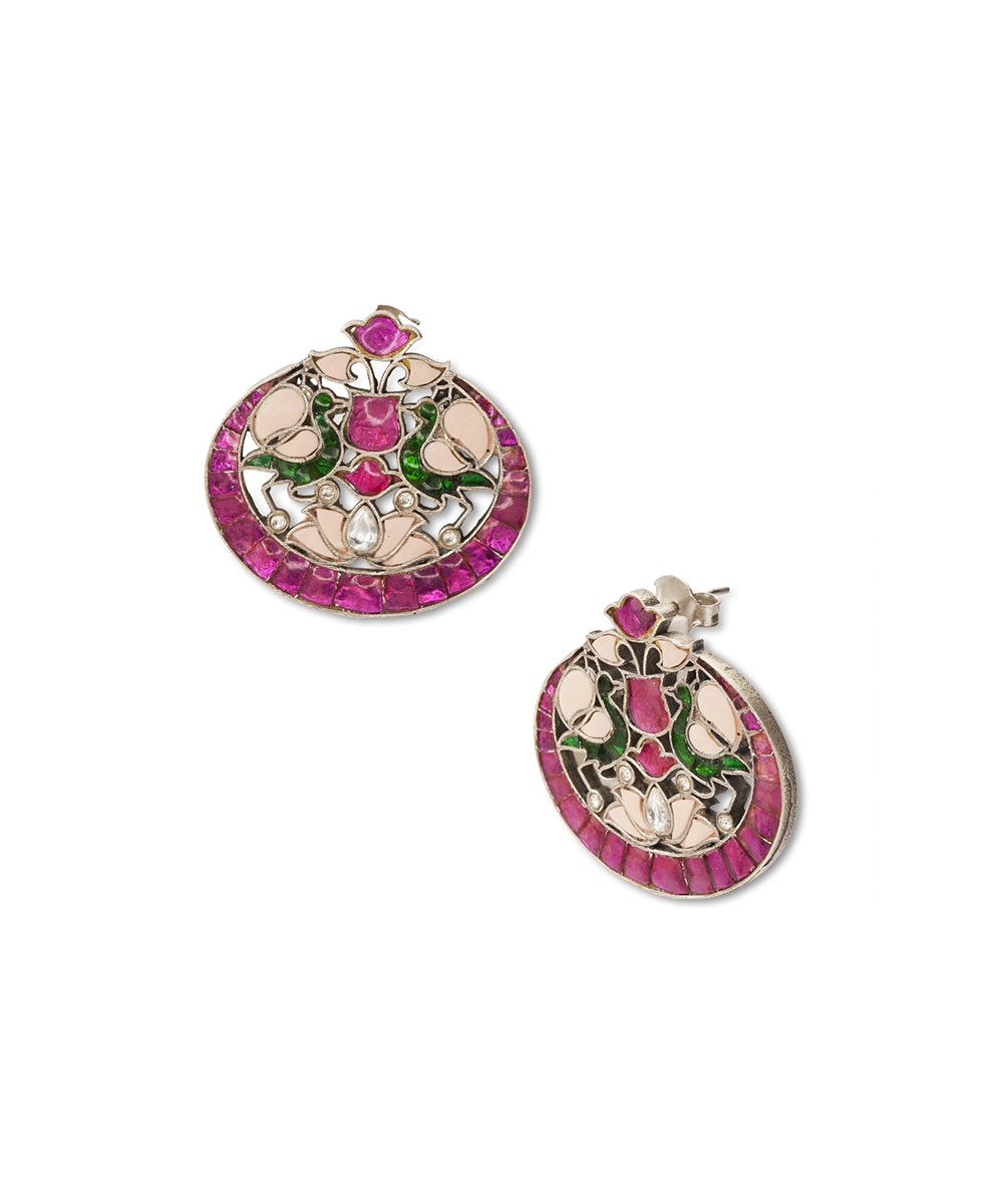 Silver Peacock and Floral kundan Earrings