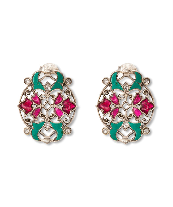 Silver Magenta & Green Kundan Floral Jali Earrings