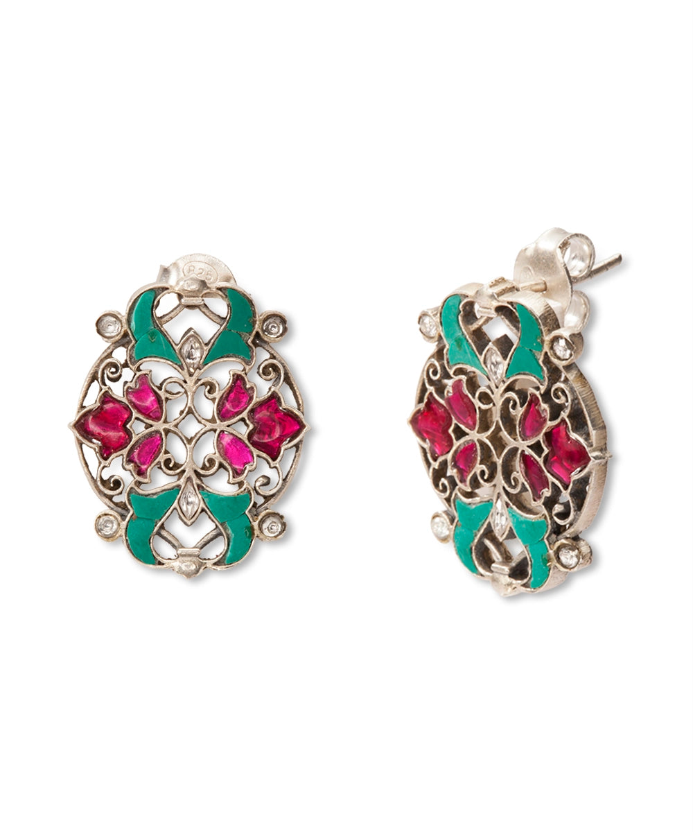 Silver Magenta & Green Kundan Floral Jali Earrings