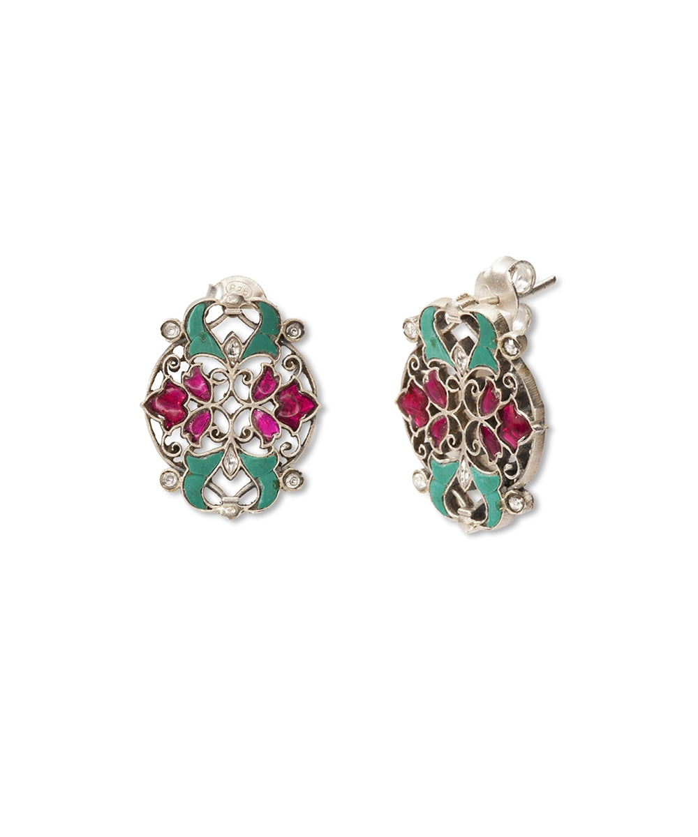 Silver Magenta & Green Kundan Floral Jali Earrings