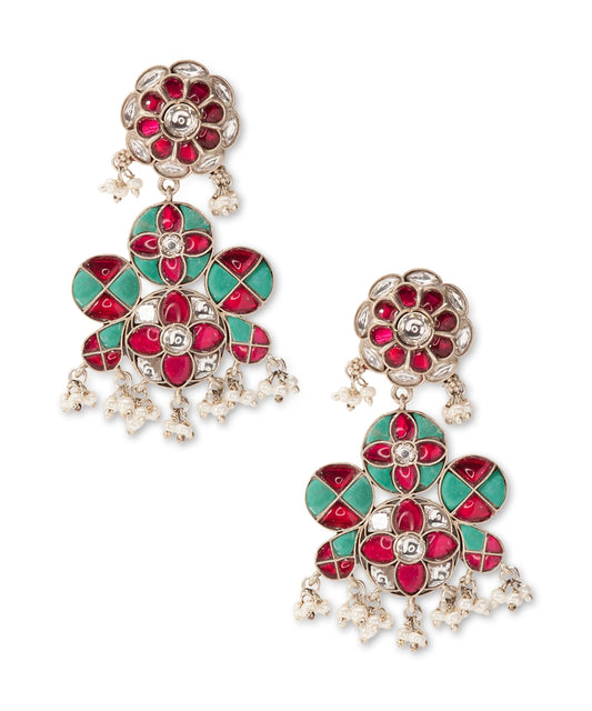 Silver Traditional Dual-Tone Kundan Stone Chandelier Earrings