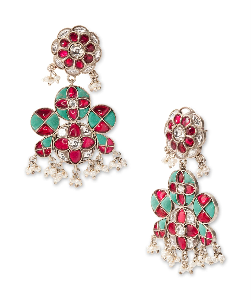 Silver Traditional Dual-Tone Kundan Stone Chandelier Earrings