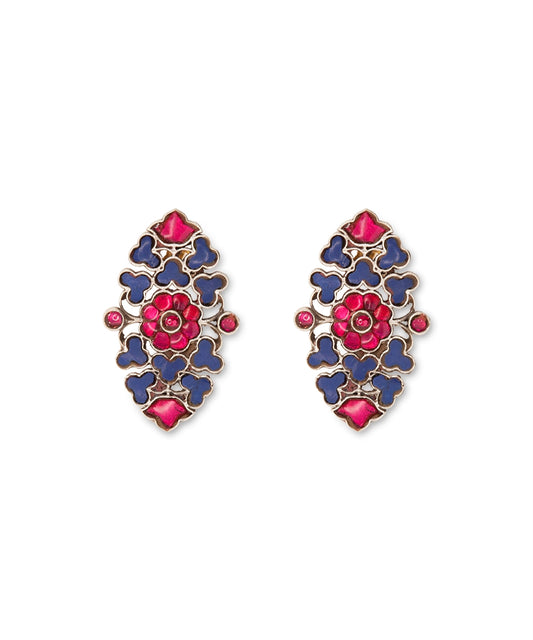 Silver Bohemian Blue & Magenta Floral Kundan Earrings