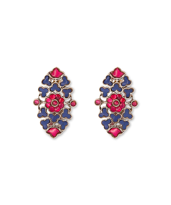 Silver Bohemian Blue & Magenta Floral Kundan Earrings