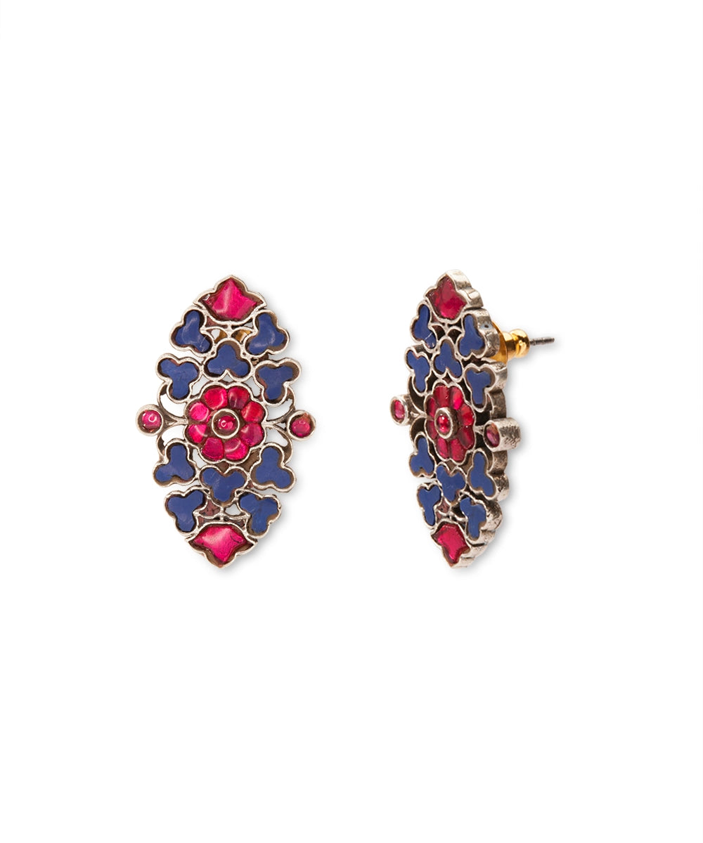 Silver Bohemian Blue & Magenta Floral Kundan Earrings