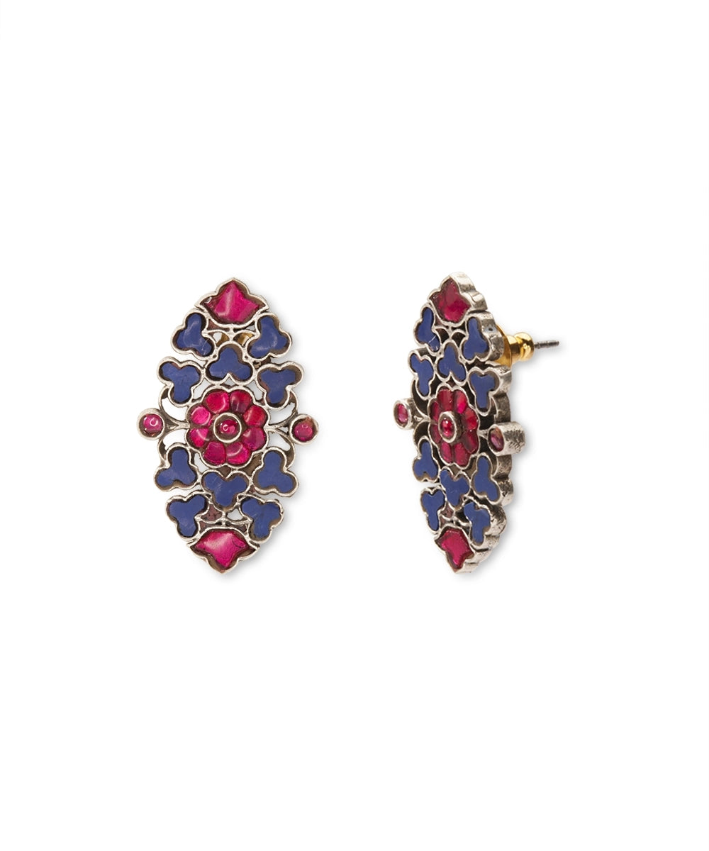 Silver Bohemian Blue & Magenta Floral Kundan Earrings