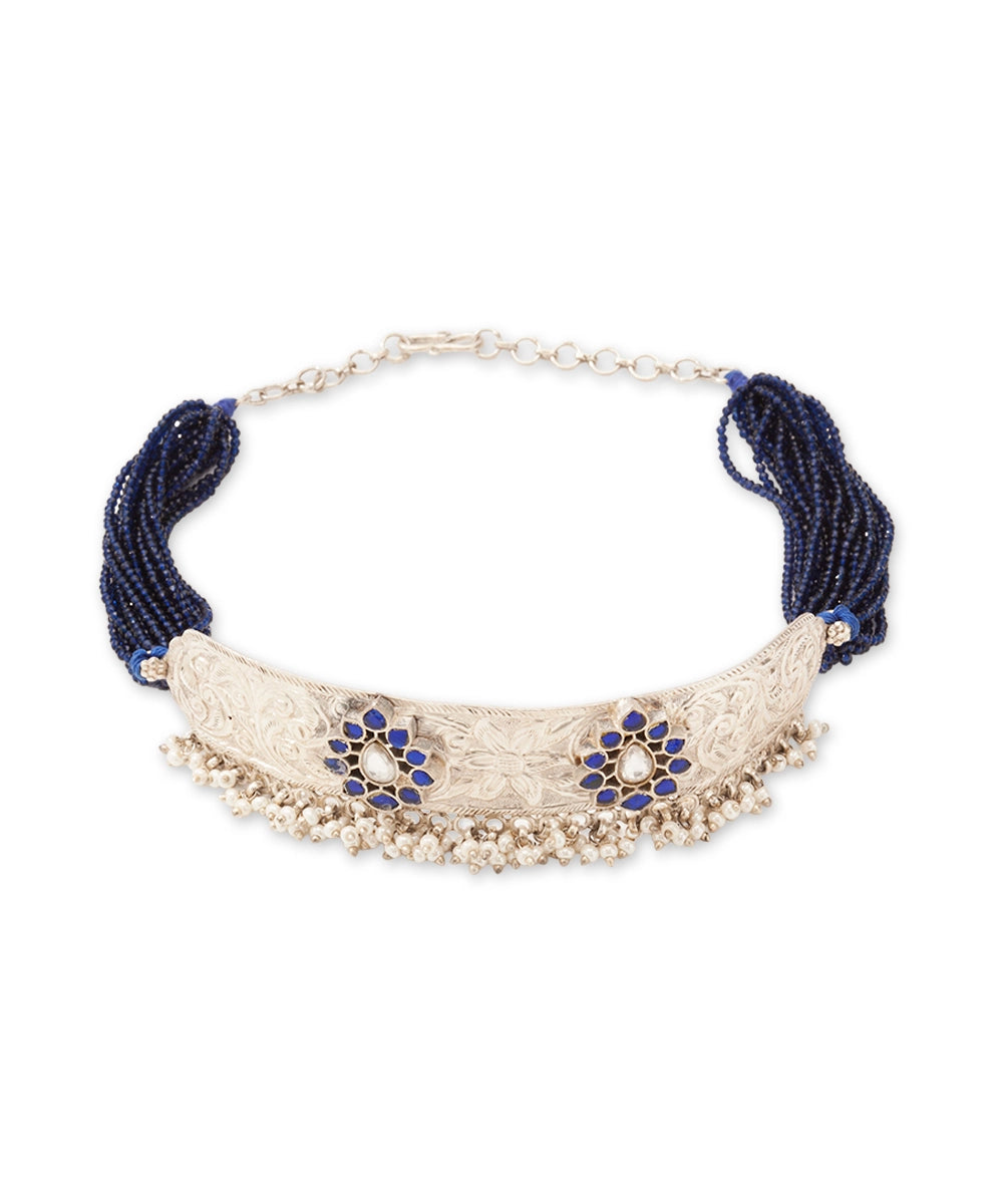 Silver Bohemian Statement Choker with Navy Bead Strands