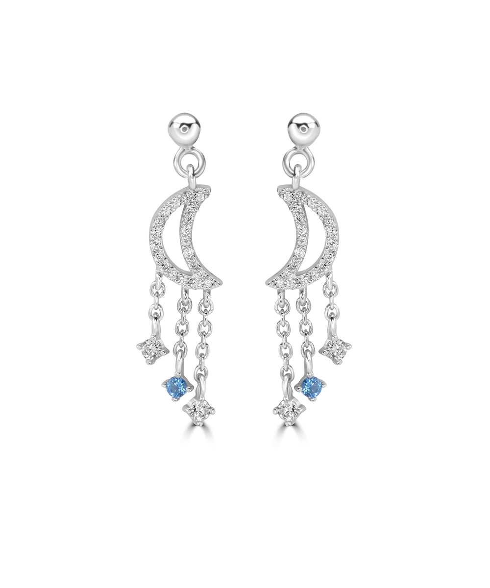 Silver Dainty Moon and Triple Chain Earrings