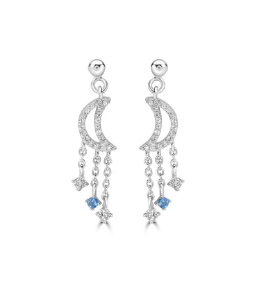 Silver Dainty Moon and Triple Chain Earrings
