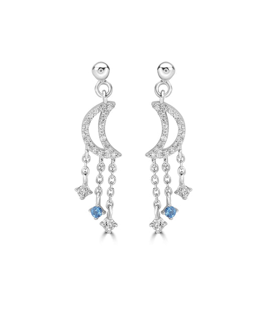 Silver Dainty Moon and Triple Chain Earrings