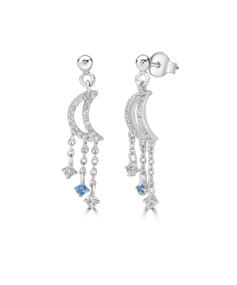 Silver Dainty Moon and Triple Chain Earrings