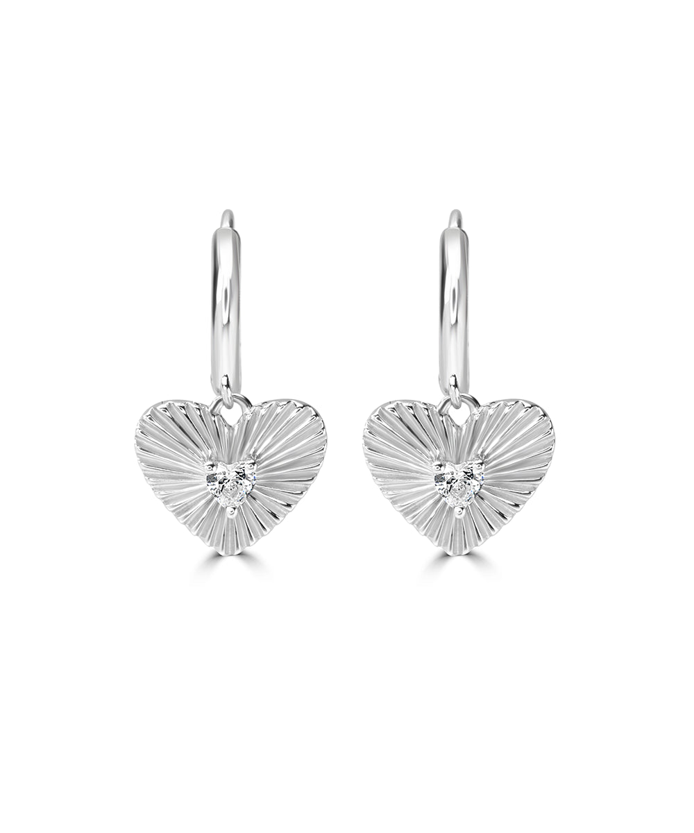 Silver Sunburst Heart Charm Hoop Earrings