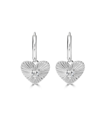 Silver Sunburst Heart Charm Hoop Earrings