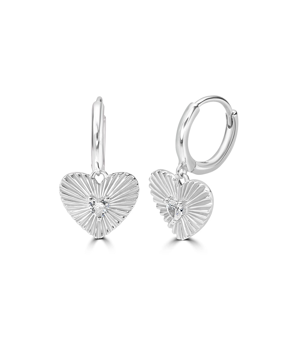 Silver Sunburst Heart Charm Hoop Earrings