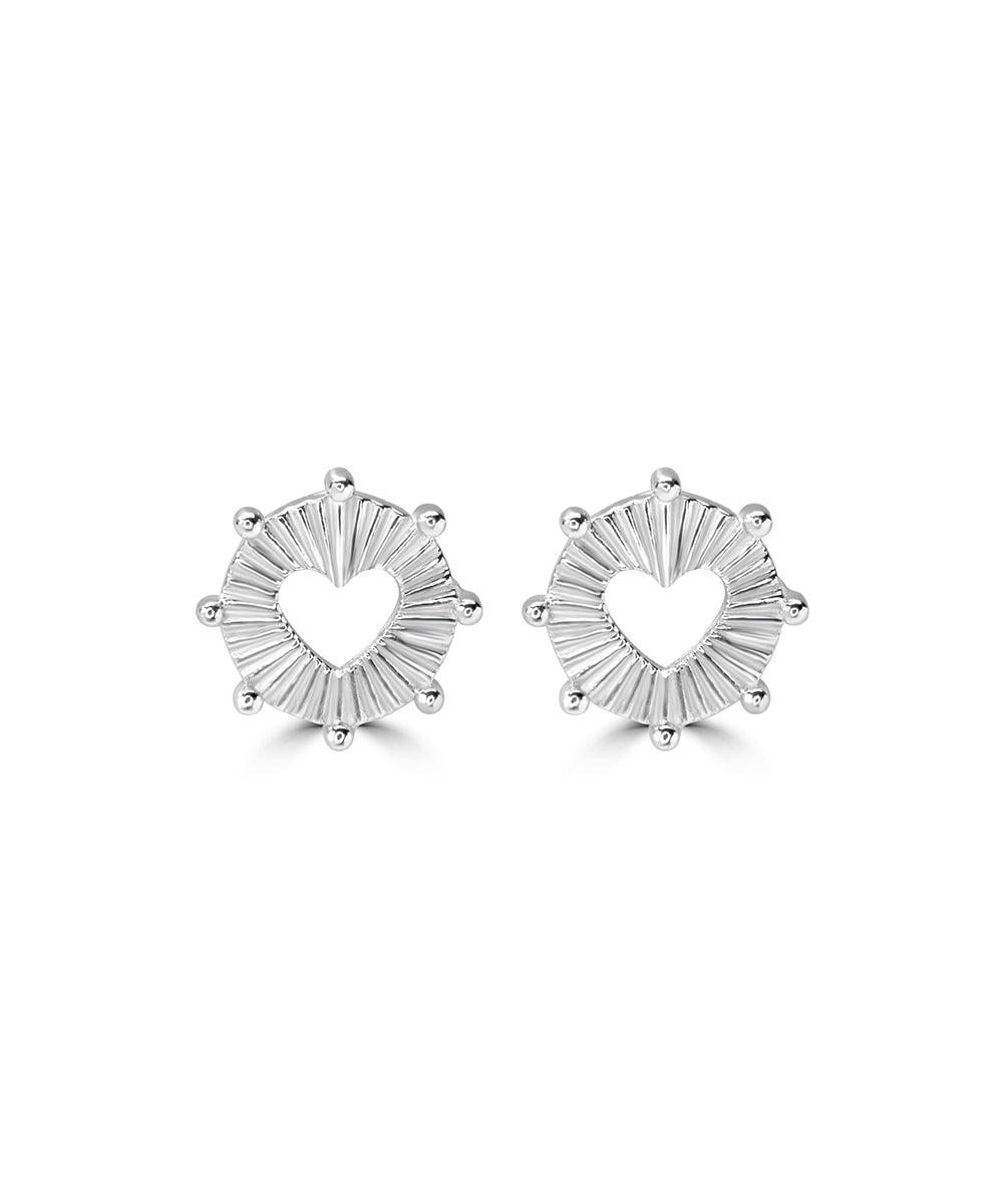 Silver Grooved Halo Heart Statement Studs
