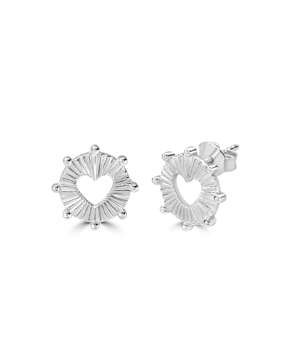 Silver Grooved Halo Heart Statement Studs