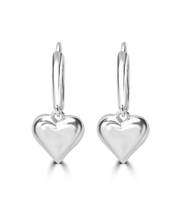 Silver Puffy Heart Dangle Hoop Earrings