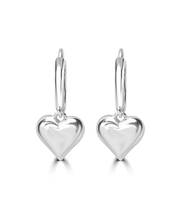 Silver Puffy Heart Dangle Hoop Earrings