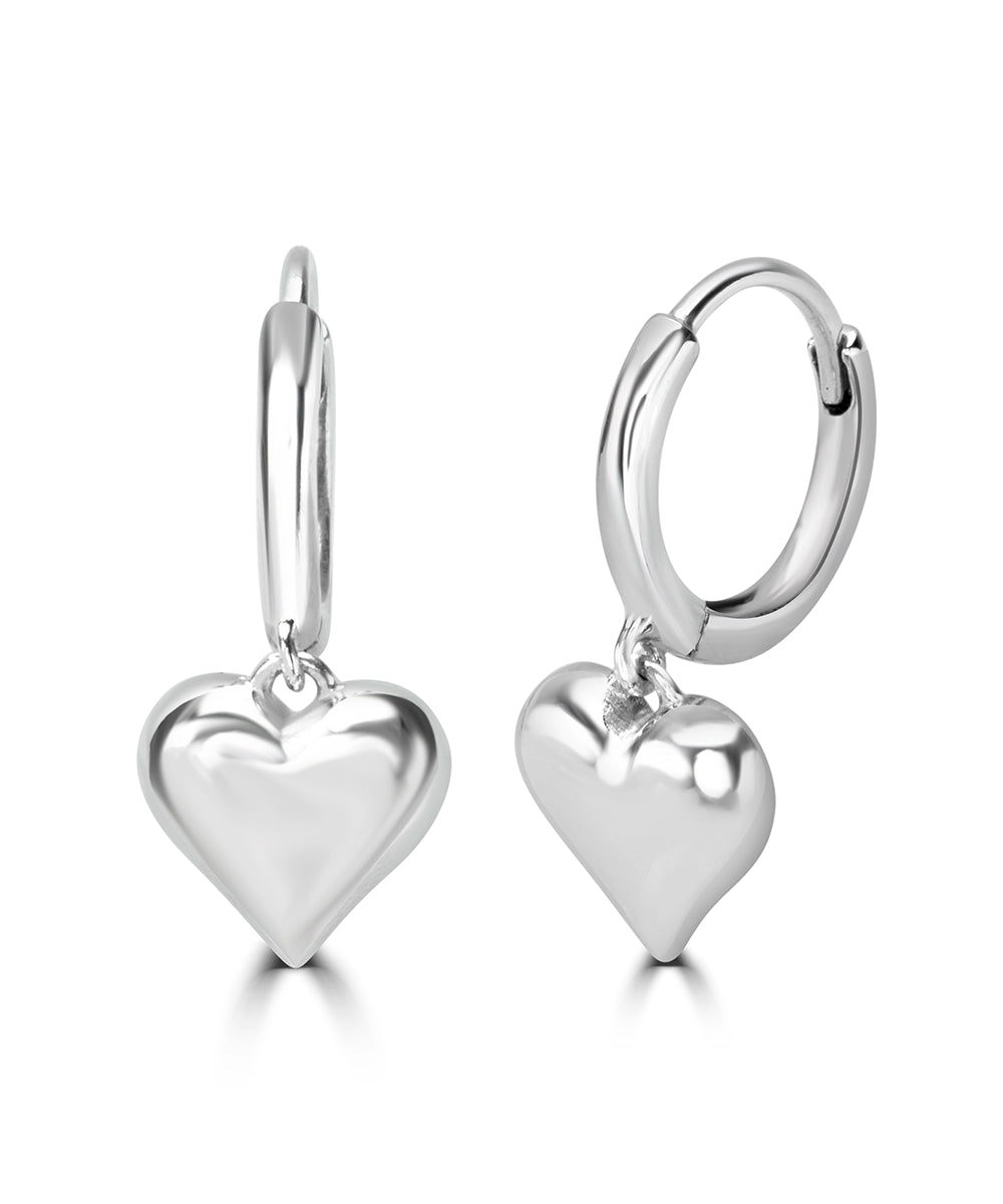 Silver Puffy Heart Dangle Hoop Earrings