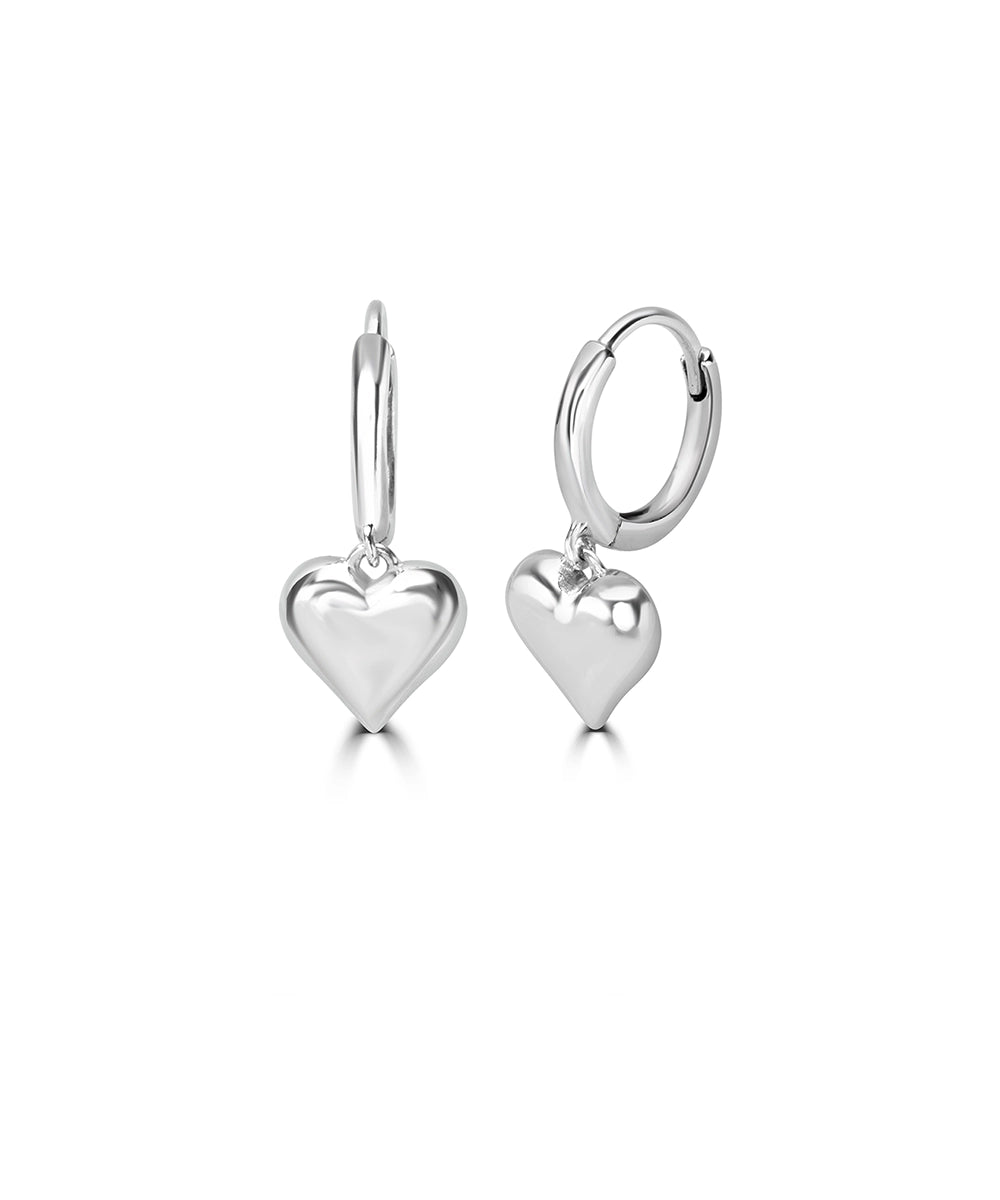 Silver Puffy Heart Dangle Hoop Earrings
