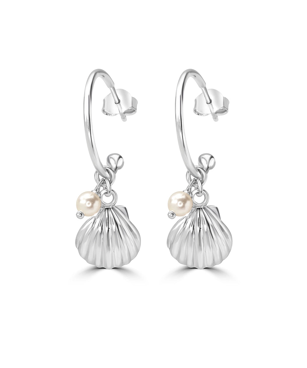 Silver Seashell and Pearl Hoop Earrings