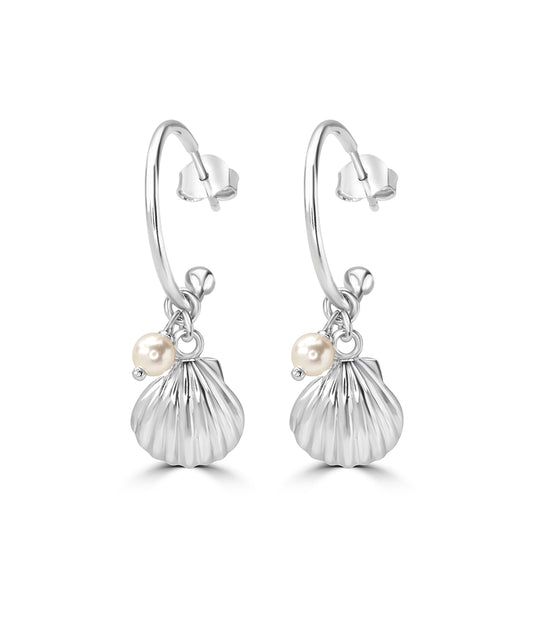 Silver Seashell and Pearl Hoop Earrings