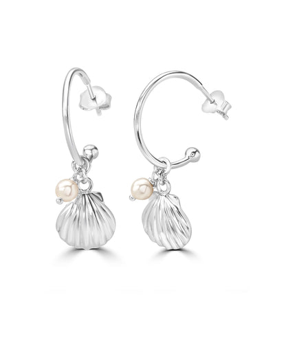 Silver Seashell and Pearl Hoop Earrings