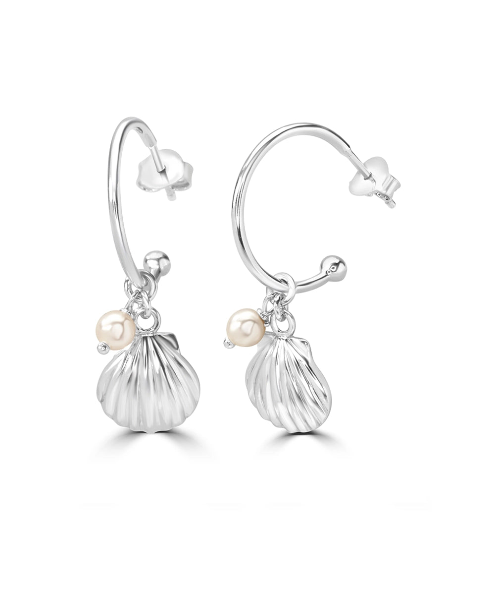 Silver Seashell and Pearl Hoop Earrings