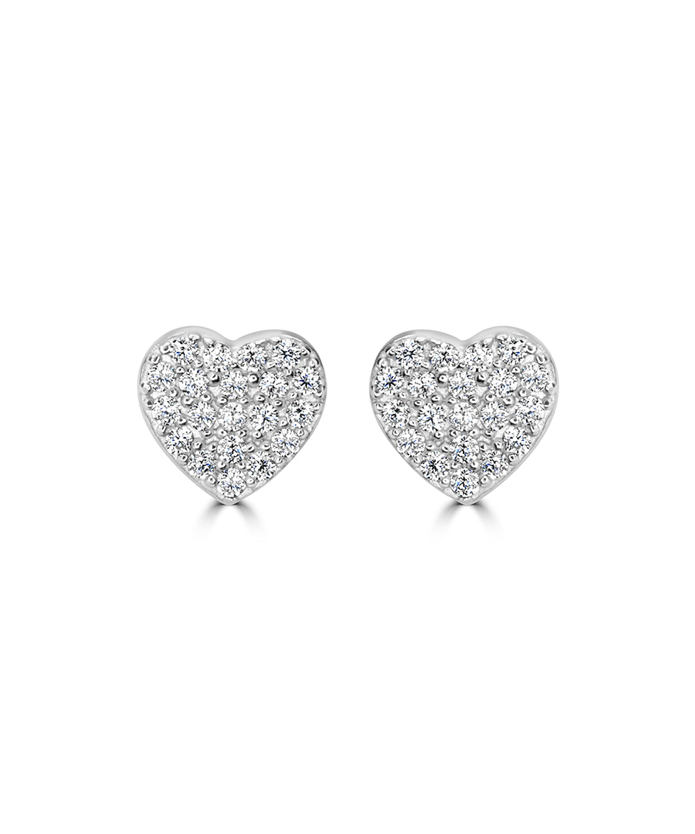 Silver Sparkling Pave Heart Stud Earrings