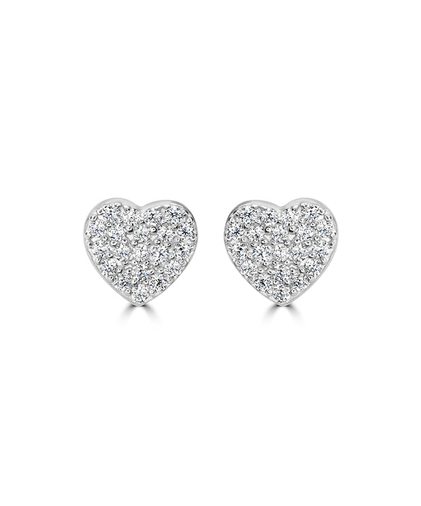 Silver Sparkling Pave Heart Stud Earrings