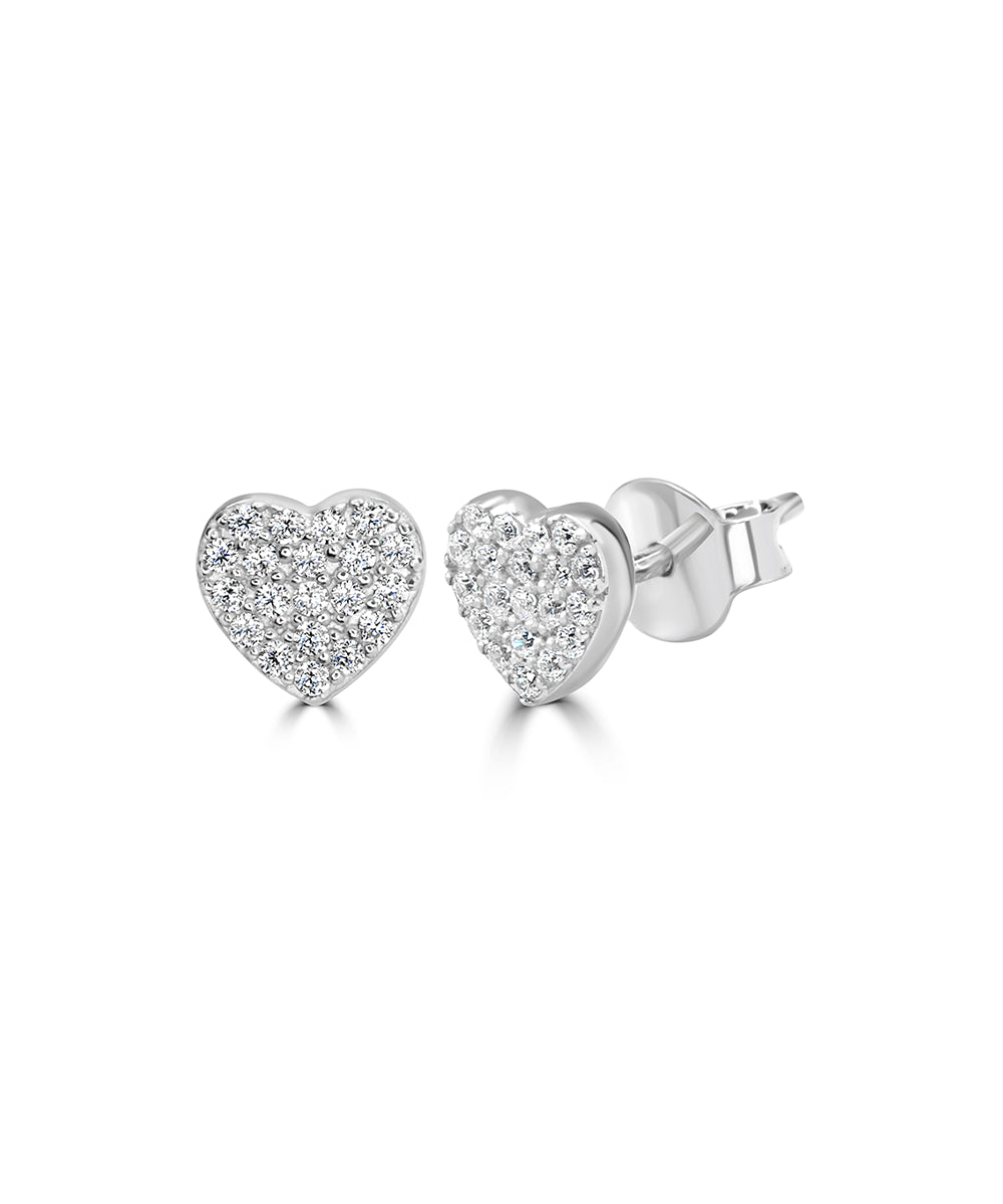 Silver Sparkling Pave Heart Stud Earrings