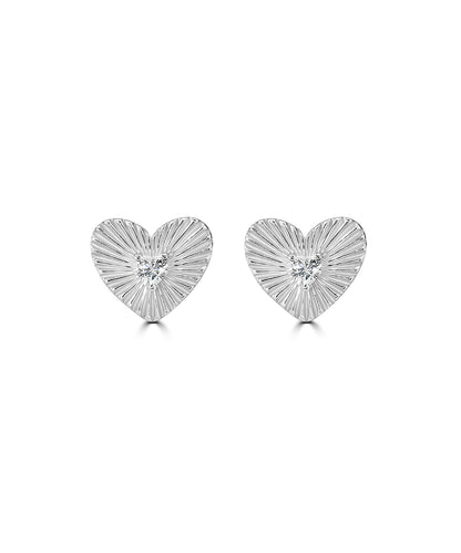 Silver Textured Sunburst Heart Stud Earrings