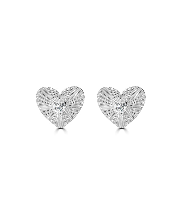 Silver Textured Sunburst Heart Stud Earrings