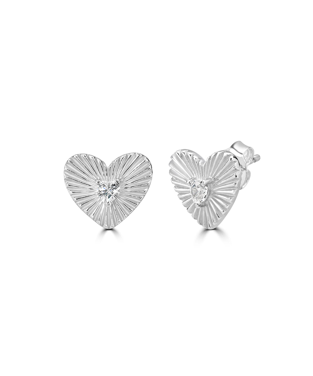 Silver Textured Sunburst Heart Stud Earrings