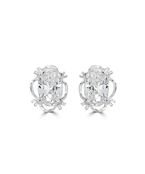 Silver Oval Solitaire Basket Stud Earrings