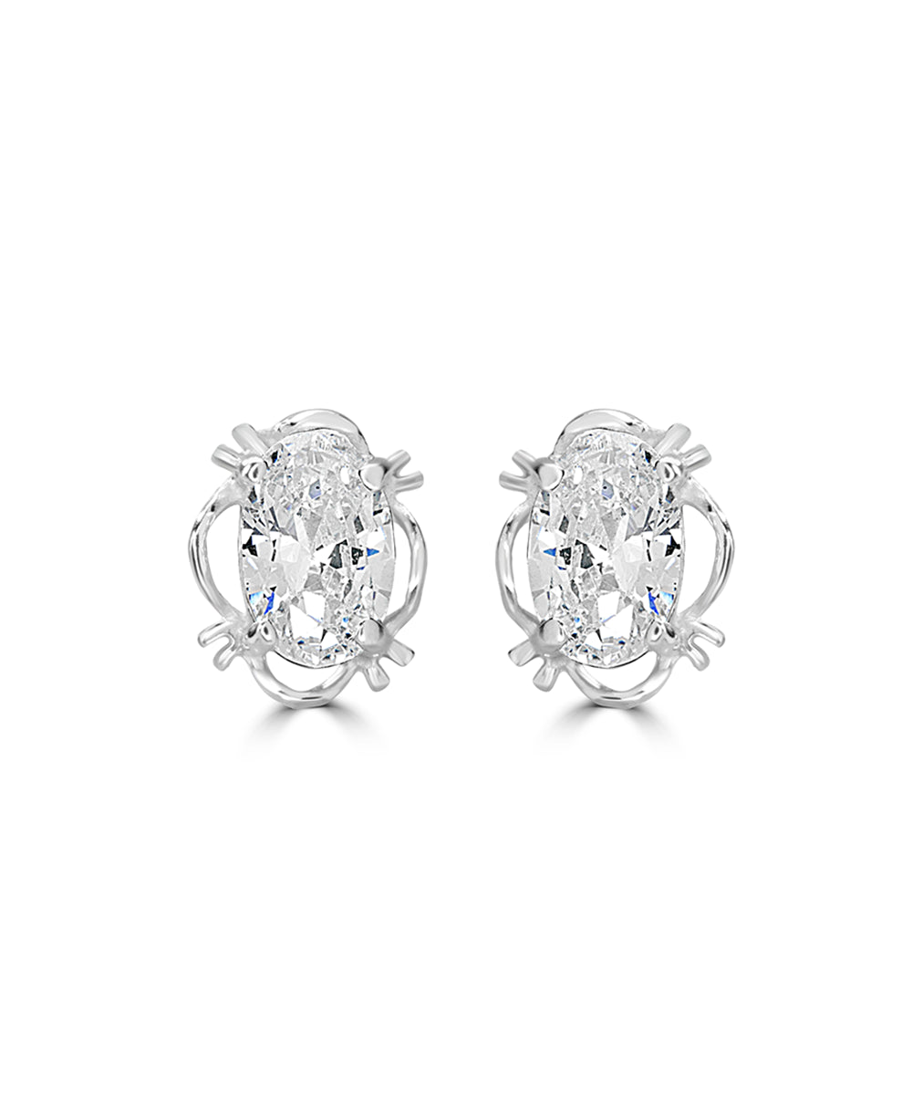 Silver Oval Solitaire Basket Stud Earrings
