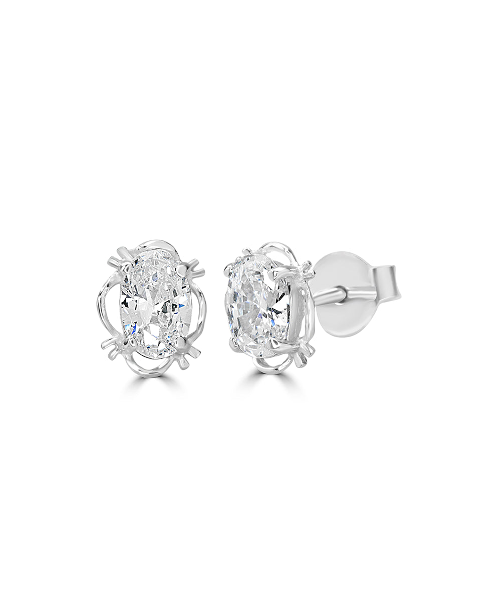 Silver Oval Solitaire Basket Stud Earrings